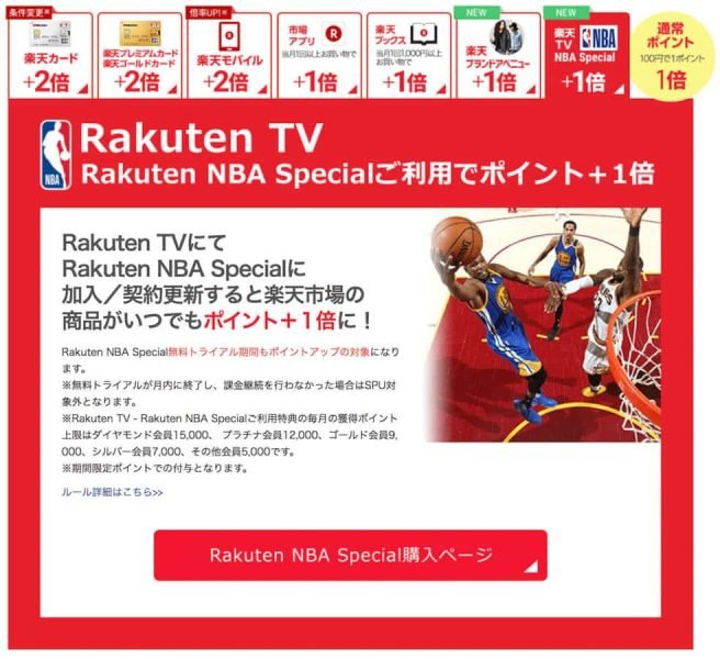 Rakuten TVにてRakuten NBA Specialに加入／契約更新で+1倍