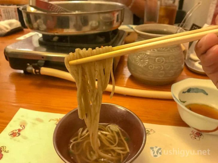 鴨しゃぶ締めのそば麺上げ