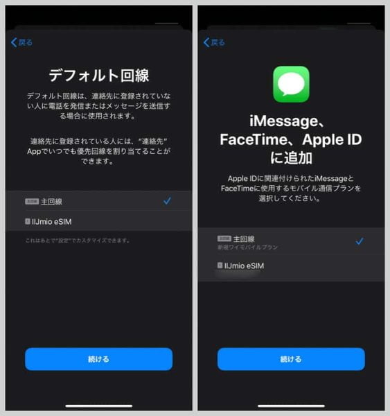 どちらの回線をメインとして使うかの選択画面が表示