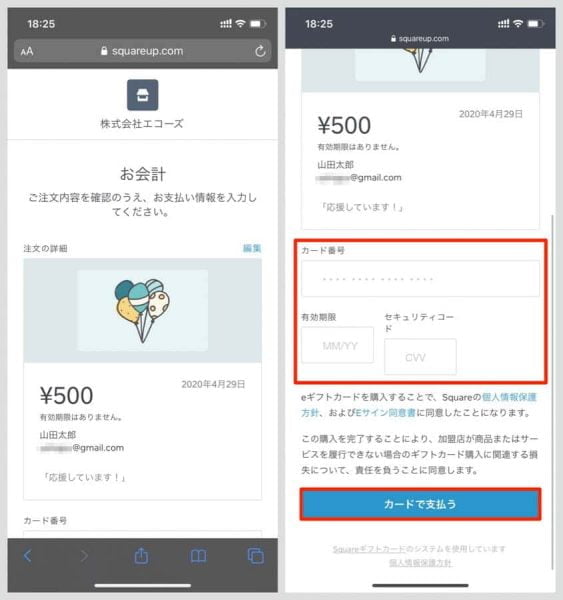 内容を確認し、クレジットカード情報を入力して「カードで支払う」