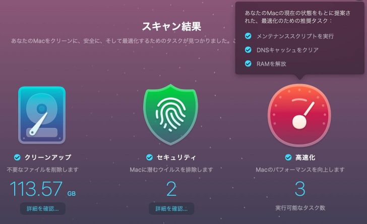 高速化の項目では、メンテンナンススクリプトの実行、DNSキャッシュのクリア、RAM解放が提案されました