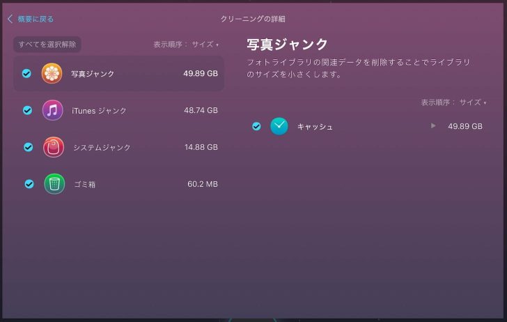 クリーンアップの詳細を確認すると、「写真ジャンク」「iTunesジャンク」「システムジャンク」というファイルが大半