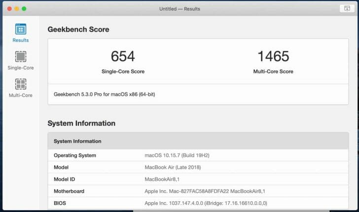 ベンチマークスコアは、シングルコアが654、マルチコアが1465でした