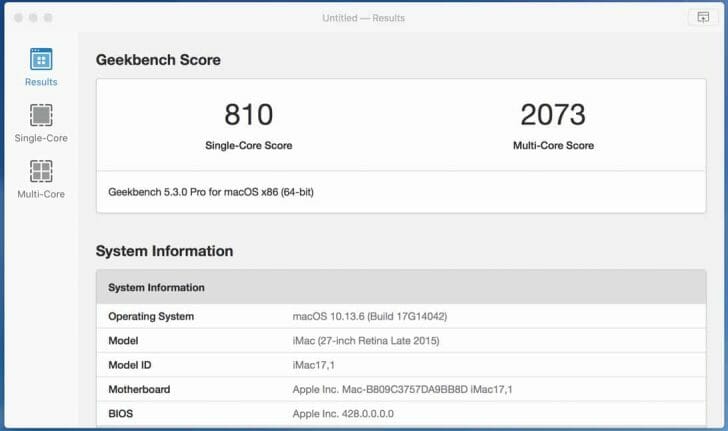 試しに自宅作業のメイン機であるiMac 4Kディスプレイモデル（Late 2015）で測定した結果はシングルコア810、マルチコア2073