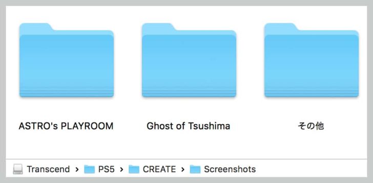 スクリーンショットは、外部ストレージ内のPS5フォルダ → CREATEフォルダ → Screenshotsフォルダの中にソフト別に格納されている