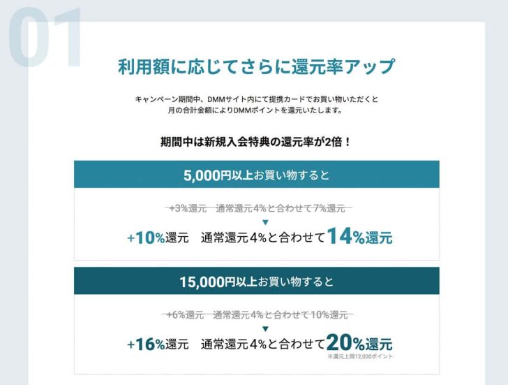 3ヶ月後月末までに5,000円以上の利用で14%、15,000円以上なら20%ものポイント