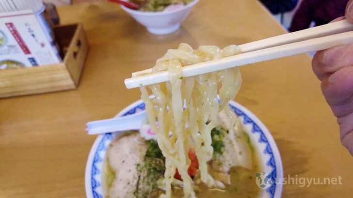 麺は平打ちで滑らかなちぢれ麺