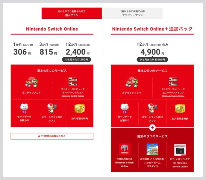 ニンテンドースイッチオンライン追加パック 個人プラン