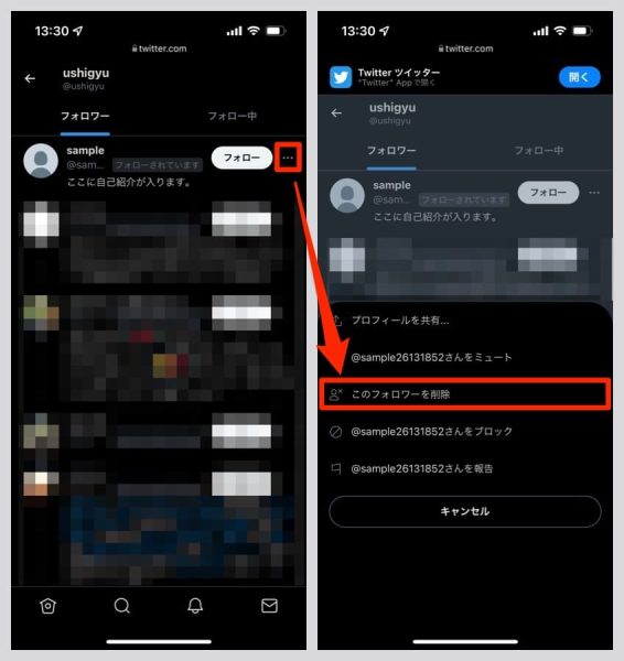 削除したいフォロワーの右側にある「…（三点リーダー）」をタップして「このフォロワーを削除」を選ぶ