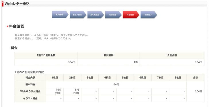 基本料金の84円に1枚目15円、2枚目5円で合計104円