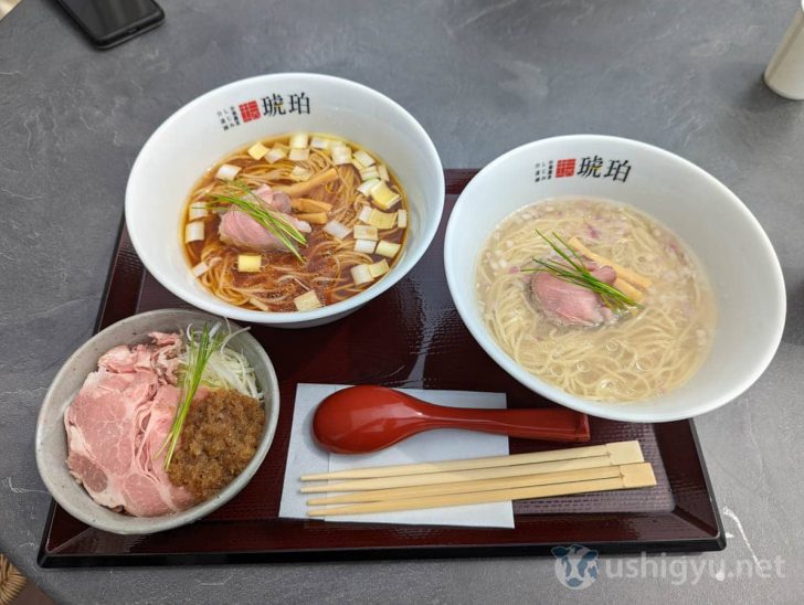 宍道湖しじみ中華蕎麦、はかた地どり中華蕎麦、ローストポーク丼