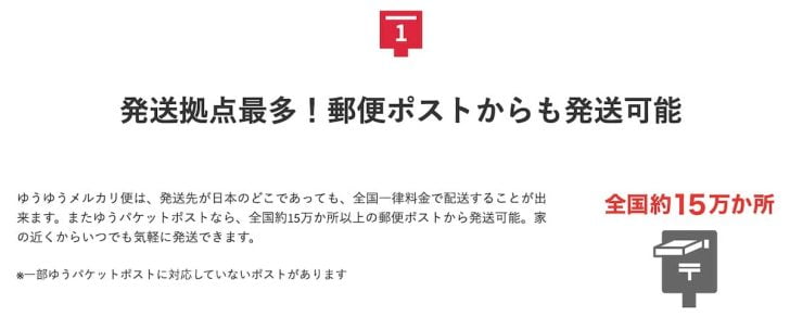 ゆうゆうメルカリ便は、全国約15万か所の郵便ポストから全国一律料金で配送可能