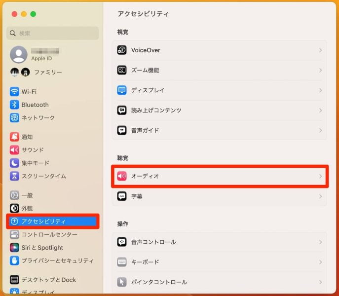 システム環境設定の「アクセシビリティ」→「オーディオ」をクリック