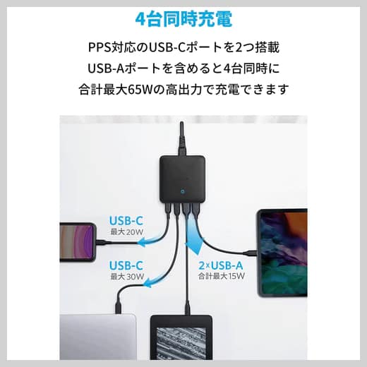 Anker PowerPort Atom III 65W Slimは4ポート最大65W出力