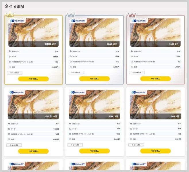 World eSIMタイのプラン一覧