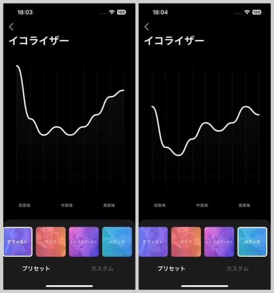 プリセットのイコライザーを選んだり、自分で自由にカスタムもできる